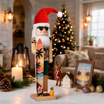 15 Inch Santa Nutcracker Wooden Holiday Decor with Tropical Hawaiian Style