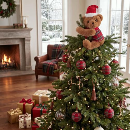 15.75 Inch Christmas Bear Tree Topper - Plush Tartan Plaid Holiday Decor