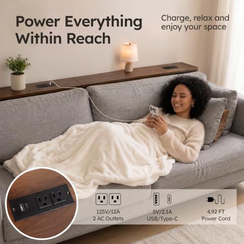102.4-Inch Walnut Sofa Table with Charging Stations & LED Lighting - Adjustable Height