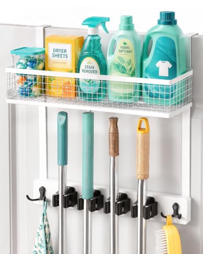 Over the Door Broom Organizer with Basket - No-Drill Wall Mount Storage