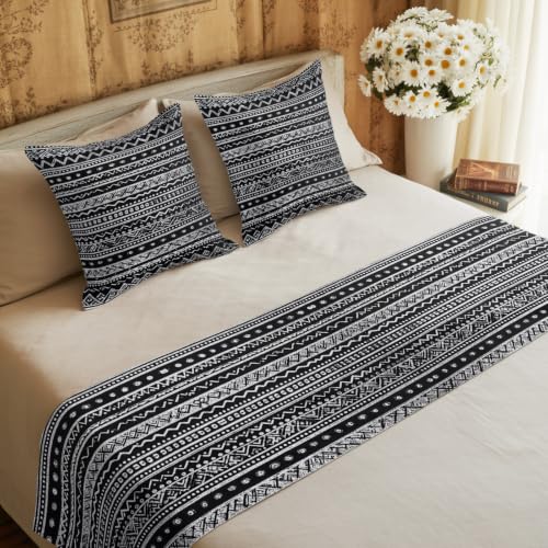 94x20 Inch Boho Bed Runner Set with 2 Pillow Covers - Black White Tribal Geometric