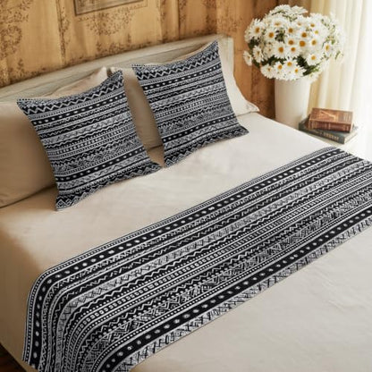 94x20 Inch Boho Bed Runner Set with 2 Pillow Covers - Black White Tribal Geometric