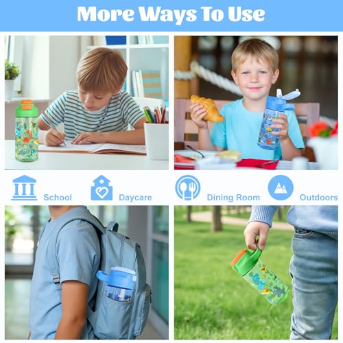 Kids Water Bottle with Straw 16.2oz BPA-Free Tritan Plastic - Blue Car & Green Dinosaur 2 Pack