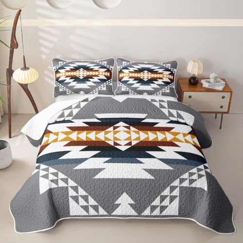 Kids Bedding Quilt Set Queen Size Blue Gray Aztec Bohemian 3 Pieces with Pillowcases - Variation of THIS listing