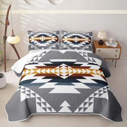 Kids Bedding Quilt Set Queen Size Blue Gray Aztec Bohemian 3 Pieces with Pillowcases - Variation of THIS listing