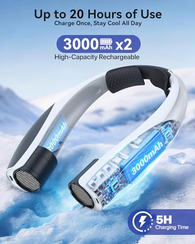Kesguar Portable Neck Fan Black & White 20H Runtime Rechargeable USB