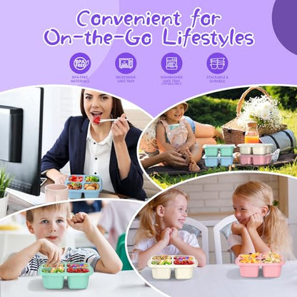 CSQLJ Snack Containers(4 Pack), 4-Compartment Meal Prep Containers Reusable, Snack box Container for Kids and Adults, Food Storage Containers for School, Work, Travel (Green/Blue/Pk/Beige)