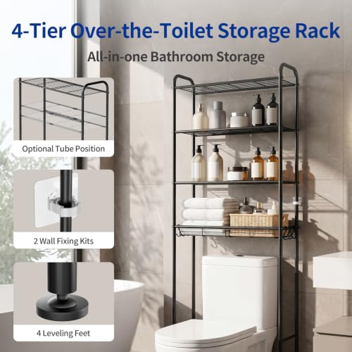 Black Over Toilet Storage Rack 4 Tiers Bathroom Organizer Shelf 71.9"H