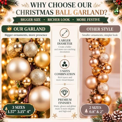 Large Christmas Ball Garland Set - Gold & Champagne Ornaments, 2 Pack, 6 FT Each