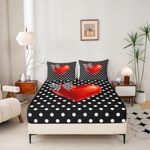 Full Size Polka Dot Hearts Bed Sheet Set for Girls and Boys - Black
