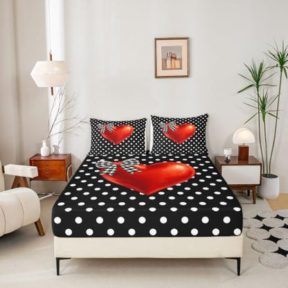 Full Size Polka Dot Hearts Bed Sheet Set for Girls and Boys - Black