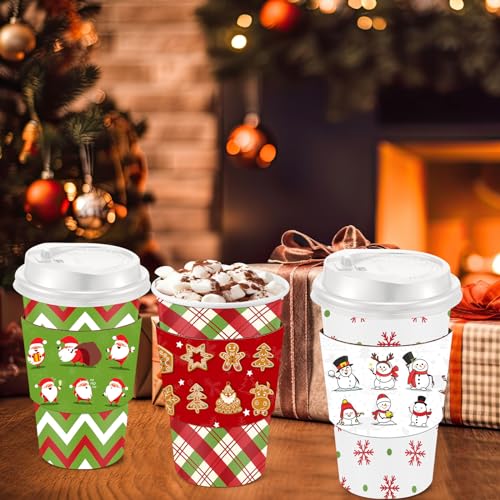 Christmas Paper Cups with Lids & Sleeves 16 oz - Red & Green Stripe, 100 Sets