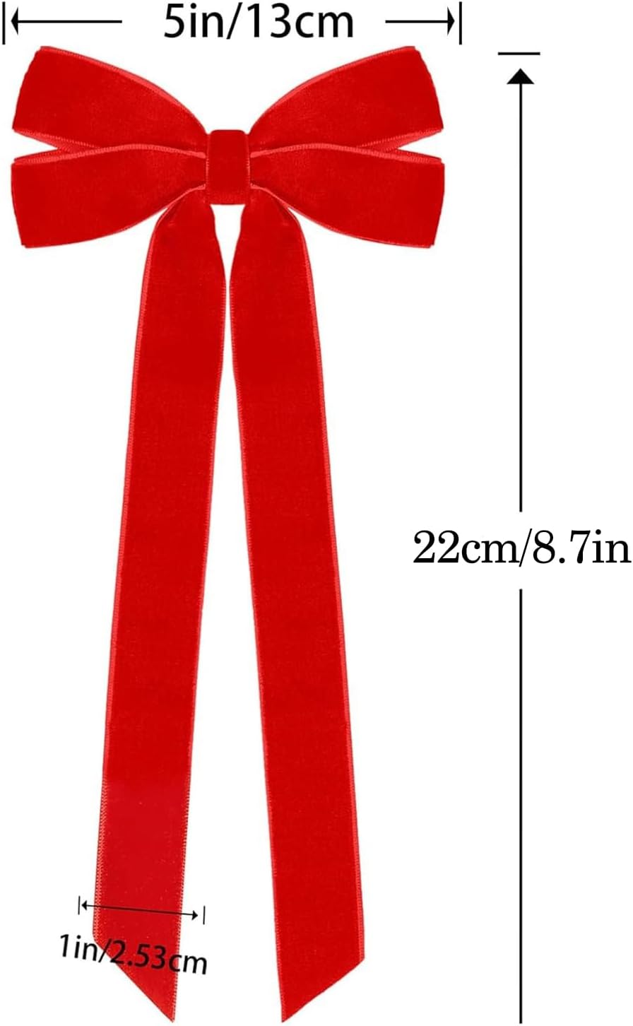 Valentines Tree Decorations - 12 Pcs Red Velvet Ribbon Bows | 5in x 8.7in Xmas Ornaments for Holiday Decor