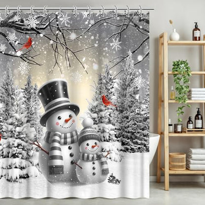 White Snowman Shower Curtain 72x72 Inch Waterproof Fabric Holiday Bathroom Decor