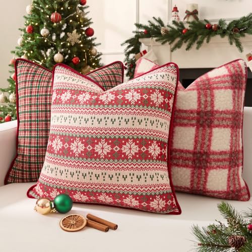 Christmas Plaid Pillow Cover 18x18 with Velvet Piping - Red, Kevin Textile Variation C-Red/18"