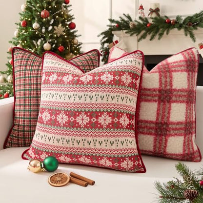 Christmas Plaid Pillow Cover 18x18 with Velvet Piping - Red, Kevin Textile Variation C-Red/18"