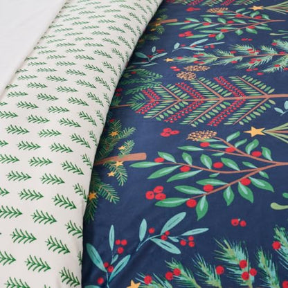 King Duvet Cover Set - Woodsy Wonder Holiday Forest Trees & Pinecones, Reversible Velvet, Navy, with Shams - Variation of THIS listing
