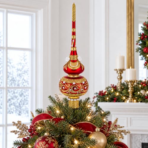 Hand-Painted Glass Christmas Tree Topper with Roses and Pearls - 11 Inch