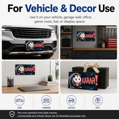 Funny Animal Humor Aluminum License Plate - Screaming Opossum Variation