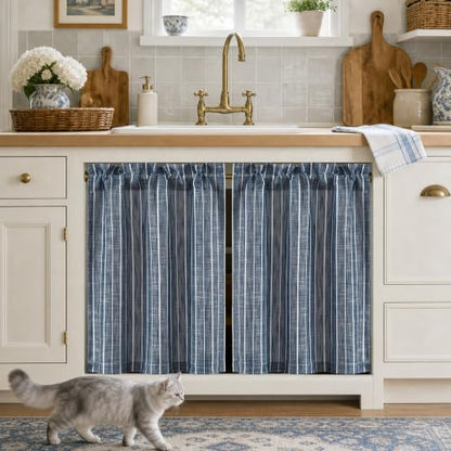 Hygge Navy Striped Tier Kitchen Curtains 26W x 36L, Set of 2