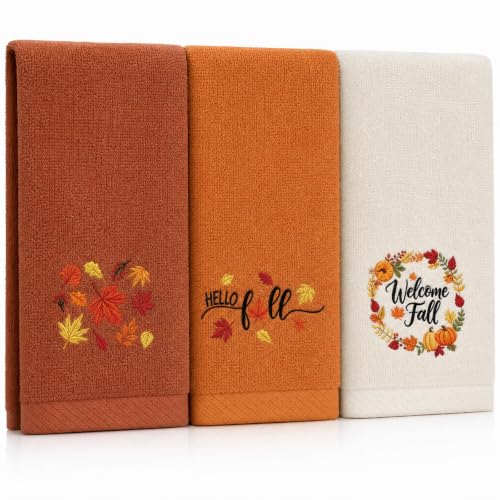 Fall Pumpkin Hand Towels Set - Autumn Embroidered Kitchen & Bathroom Towels, 3 Pack 14x30in