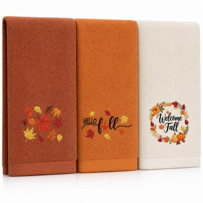 Fall Pumpkin Hand Towels Set - Autumn Embroidered Kitchen & Bathroom Towels, 3 Pack 14x30in