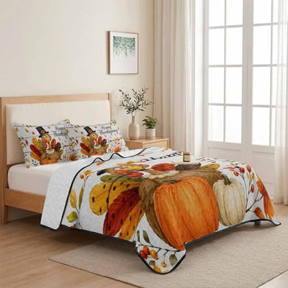 Turkey Thanksgiving Quilts King Size Fall Wooden Pumpkin Berry Soft Comforter Set - Distressed White