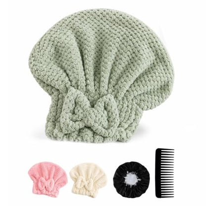 5-Piece Hair Care Set with Microfiber Caps Silk Sleep Bonnet & Wide Tooth Comb