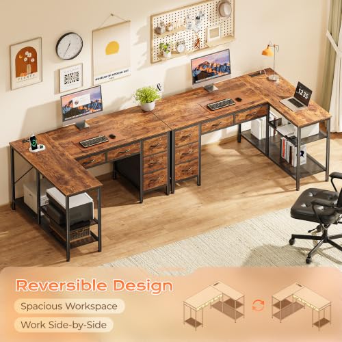 PRAISUN 47-Inch Rustic Brown L-Shaped Desk with Power Outlets & Fabric Drawers