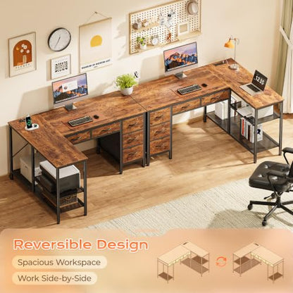 PRAISUN 47-Inch Rustic Brown L-Shaped Desk with Power Outlets & Fabric Drawers