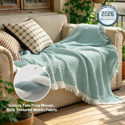 Teal Cotton Throw Blanket with Tassels - 50x60 Inches, Reversible Boho Decor