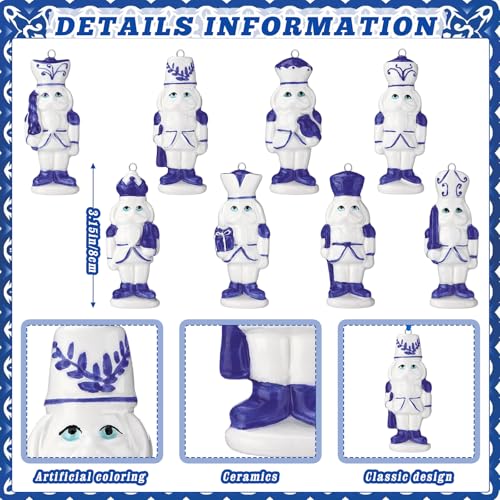 Blue and White Porcelain Nutcracker Ornaments - Set of 8 Christmas Decorations