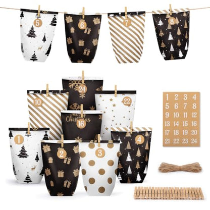 Christmas Advent Calendar Gift Bags Set with 24 Number Stickers & Wooden Clips