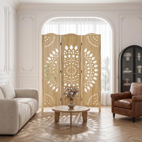 Room Divider 3 Panels - 5.62ft Tall Boho Folding Wood Privacy Screen, Natural (Variation of THIS listing: Natural / 3 Panels)