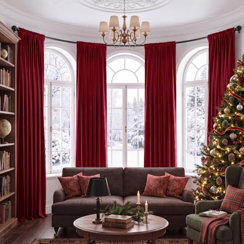 Red Velvet Curtains Set 4 Panels 52x108 Inches - Living Room Window Drapes
