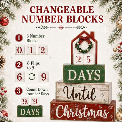House Christmas Countdown Decorations Indoor - Wooden Festive Calendar with Mini House - Earligrow