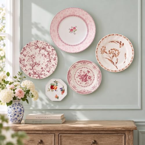 Yiyiring 5-Piece Vintage Ceramic Wall Sculpture Plate Set - Floral Red & White