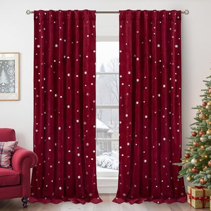 Christmas Burgundy Red Velvet Curtains Set of 2 52x84 Inches with Silver Print - Holiday Decor