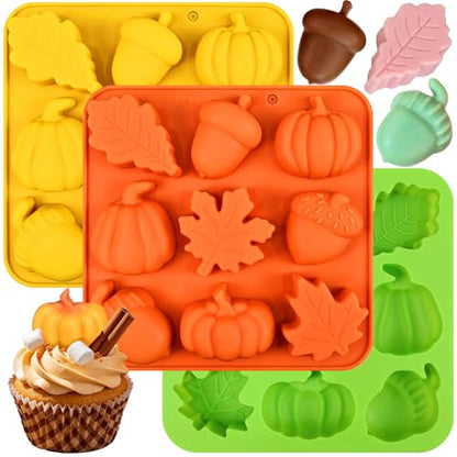 Fall Silicone Molds 3 Pack - Autumn Pumpkin, Leaf & Acorn Design, Orange + Yellow + Green
