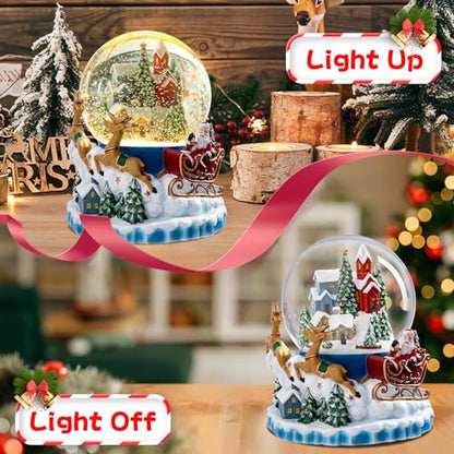 Christmas Snow Globe - Musical Village Lantern with Elk, Santa Sleigh - Santa Sleigh Variation