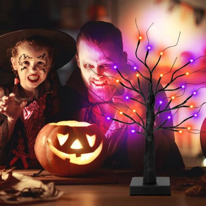 Halloween Lighted Indoor Trees Set - 24 Inch Orange & Purple Decor with Timer