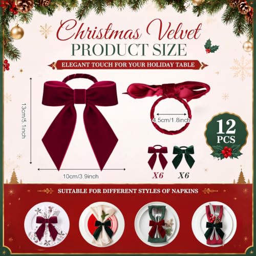 12 Pcs Velvet Christmas Bow Napkin Rings Burgundy & Dark Green Holiday Table Decor