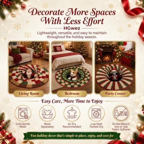 Christmas 3D Vortex Santa Floor Mat - Round Optical Illusion Rug, 39.37in, Anti-slip, Easy Clean