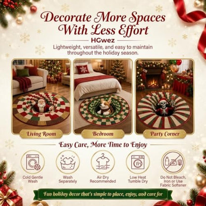 Christmas 3D Vortex Santa Floor Mat - Round Optical Illusion Rug, 39.37in, Anti-slip, Easy Clean