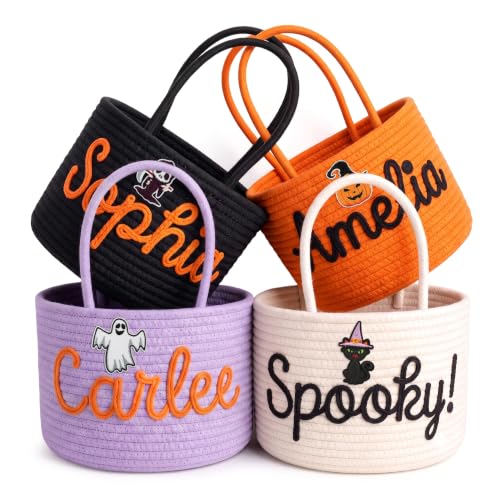 Personalized Halloween Trick or Treat Basket Ropestyle with Custom Name Cotton Rope Candy Bag - Kids Baby Nursery Gift