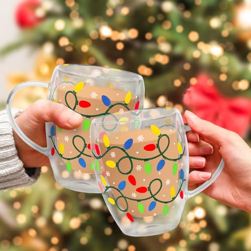 Colorful Xmas Light Bulb Double Wall Glass Coffee Mugs Set of 2 - 12Oz Holiday Drinkware