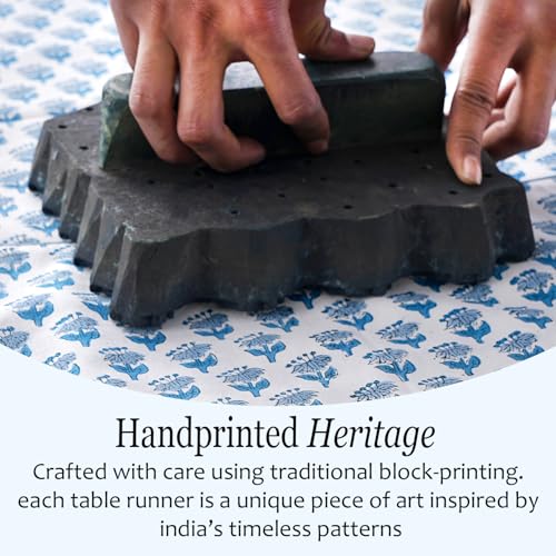 Apatite Blue Block Print Cotton Table Runner 16x106 Inch - Handcrafted