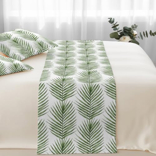 Queen Size Bed Runner with Matching Pillow Covers - Green Palm Leaves 83x20 in Forest