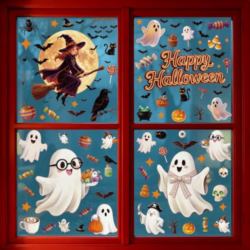 8 Sheets 157 Pcs Halloween Window Clings Decor - Ghost Pumpkin Bat Skull Web Stickers