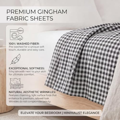 Plaid Full Bed Sheet Set with Deep Pockets - Black and White Gingham